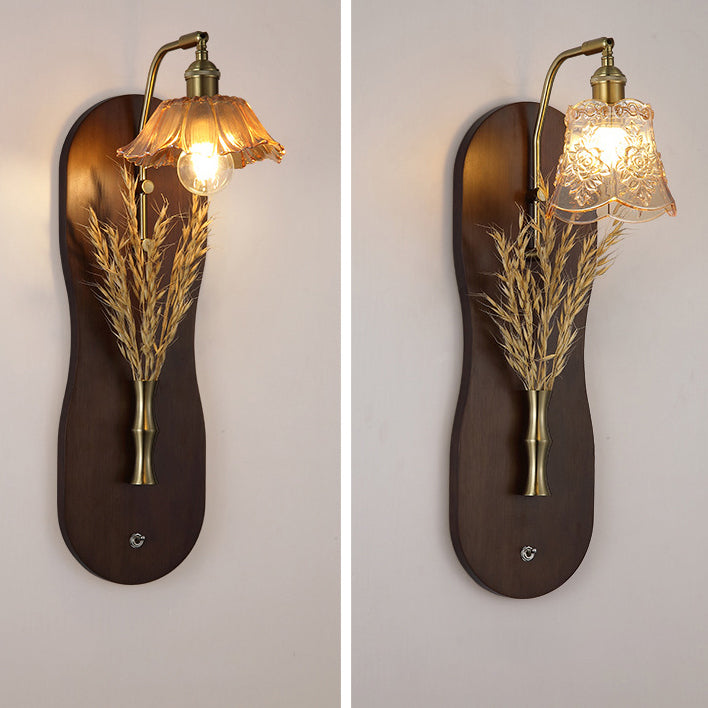 Modern Mid-Century Wheat Shaped Iron Glass Wall Sconce Lamp With Rubberwood Base 1-Light For Bedroom