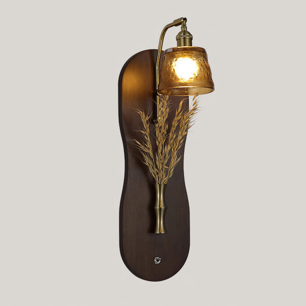 Modern Mid-Century Wheat Shaped Iron Glass Wall Sconce Lamp With Rubberwood Base 1-Light For Bedroom