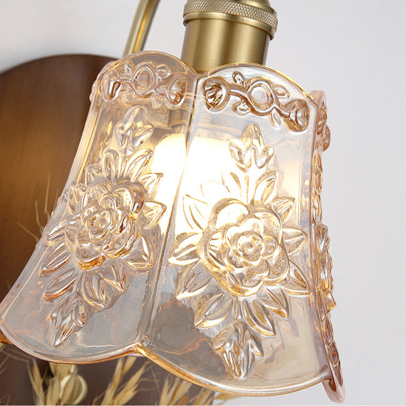 Modern Mid-Century Wheat Shaped Iron Glass Wall Sconce Lamp With Rubberwood Base 1-Light For Bedroom
