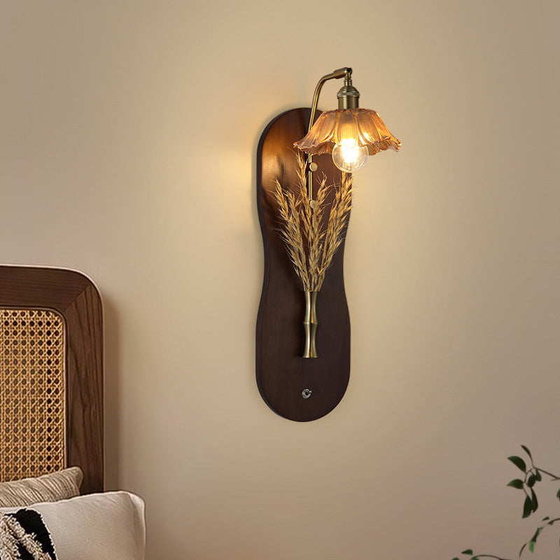 Modern Mid-Century Wheat Shaped Iron Glass Wall Sconce Lamp With Rubberwood Base 1-Light For Bedroom