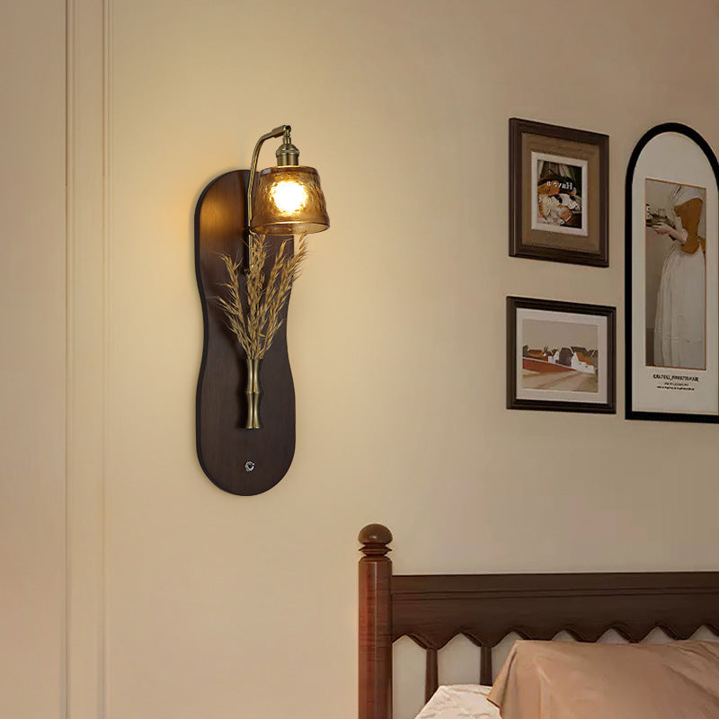 Modern Mid-Century Wheat Shaped Iron Glass Wall Sconce Lamp With Rubberwood Base 1-Light For Bedroom