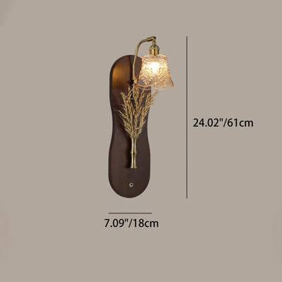 Modern Mid-Century Wheat Shaped Iron Glass Wall Sconce Lamp With Rubberwood Base 1-Light For Bedroom