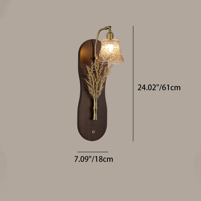 Modern Mid-Century Wheat Shaped Iron Glass Wall Sconce Lamp With Rubberwood Base 1-Light For Bedroom
