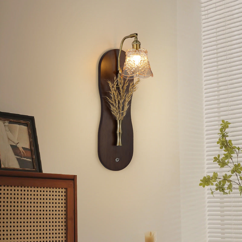 Modern Mid-Century Wheat Shaped Iron Glass Wall Sconce Lamp With Rubberwood Base 1-Light For Bedroom