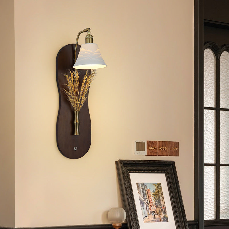 Modern Mid-Century Wheat Shaped Iron Glass Wall Sconce Lamp With Rubberwood Base 1-Light For Bedroom