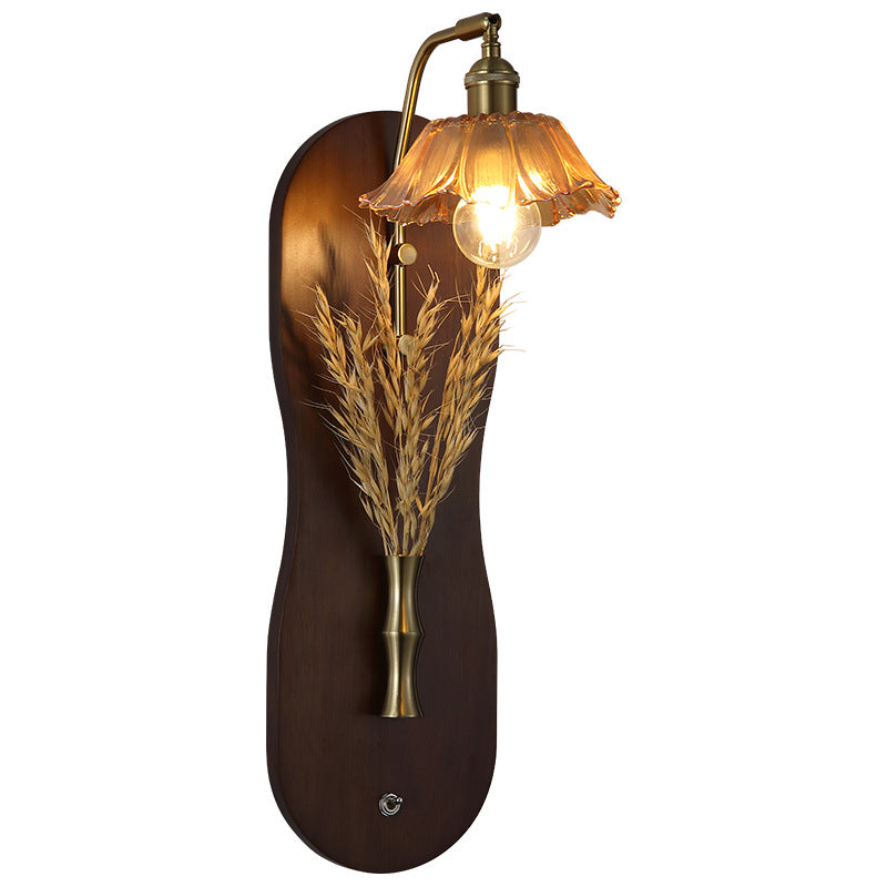 Modern Mid-Century Wheat Shaped Iron Glass Wall Sconce Lamp With Rubberwood Base 1-Light For Bedroom