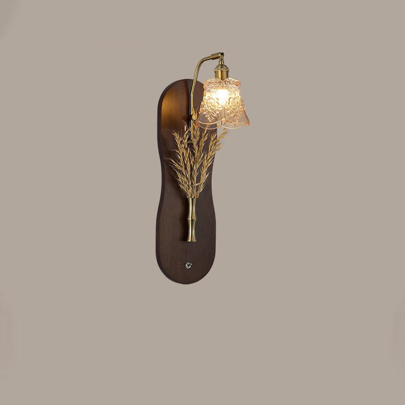 Modern Mid-Century Wheat Shaped Iron Glass Wall Sconce Lamp With Rubberwood Base 1-Light For Bedroom
