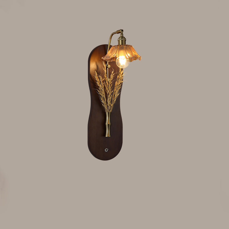 Modern Mid-Century Wheat Shaped Iron Glass Wall Sconce Lamp With Rubberwood Base 1-Light For Bedroom