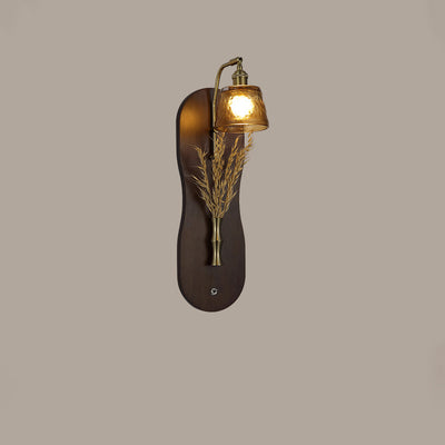 Modern Mid-Century Wheat Shaped Iron Glass Wall Sconce Lamp With Rubberwood Base 1-Light For Bedroom