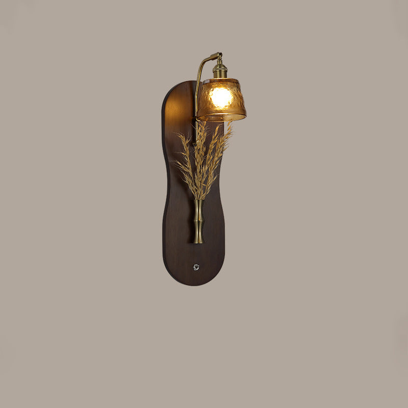Modern Mid-Century Wheat Shaped Iron Glass Wall Sconce Lamp With Rubberwood Base 1-Light For Bedroom