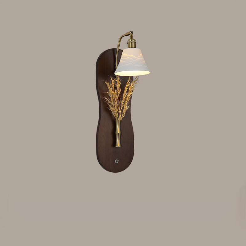 Modern Mid-Century Wheat Shaped Iron Glass Wall Sconce Lamp With Rubberwood Base 1-Light For Bedroom