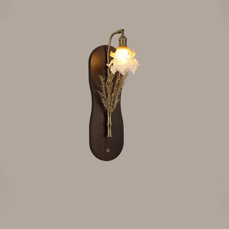 Modern Mid-Century Wheat Shaped Iron Glass Wall Sconce Lamp With Rubberwood Base 1-Light For Bedroom