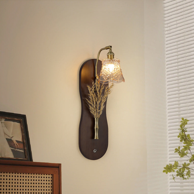 Modern Mid-Century Wheat Shaped Iron Glass Wall Sconce Lamp With Rubberwood Base 1-Light For Bedroom