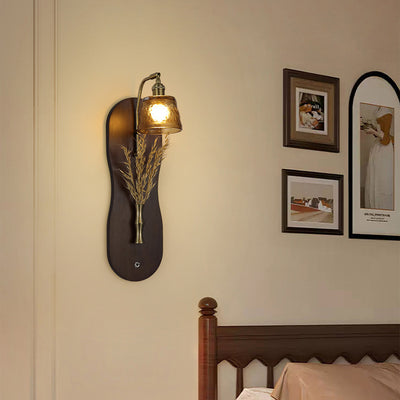 Modern Mid-Century Wheat Shaped Iron Glass Wall Sconce Lamp With Rubberwood Base 1-Light For Bedroom