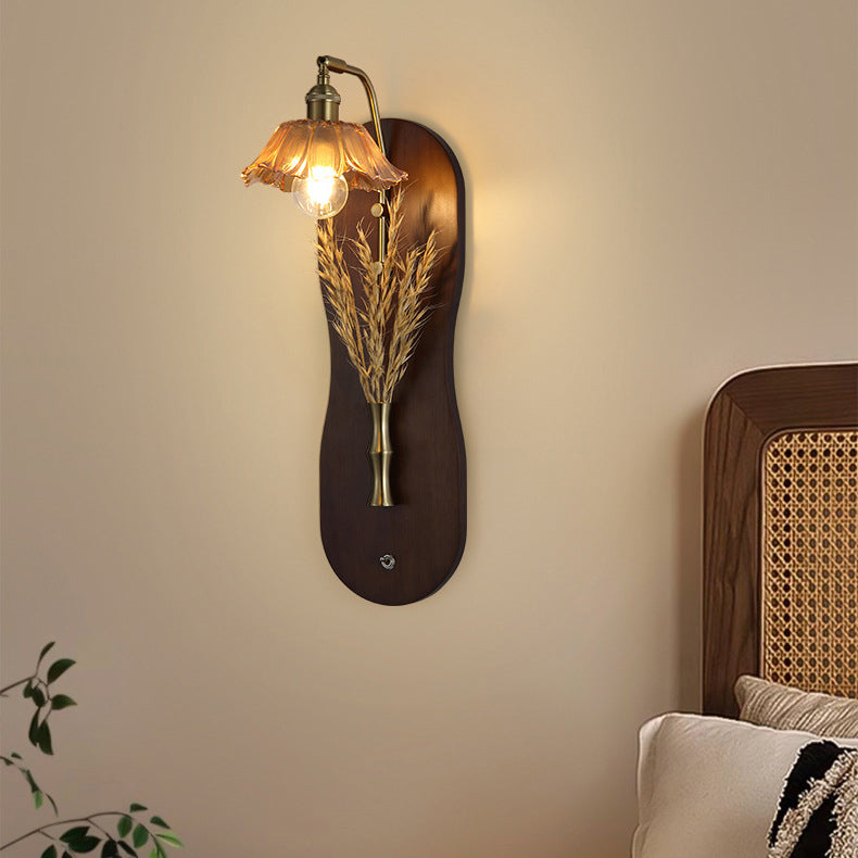 Modern Mid-Century Wheat Shaped Iron Glass Wall Sconce Lamp With Rubberwood Base 1-Light For Bedroom