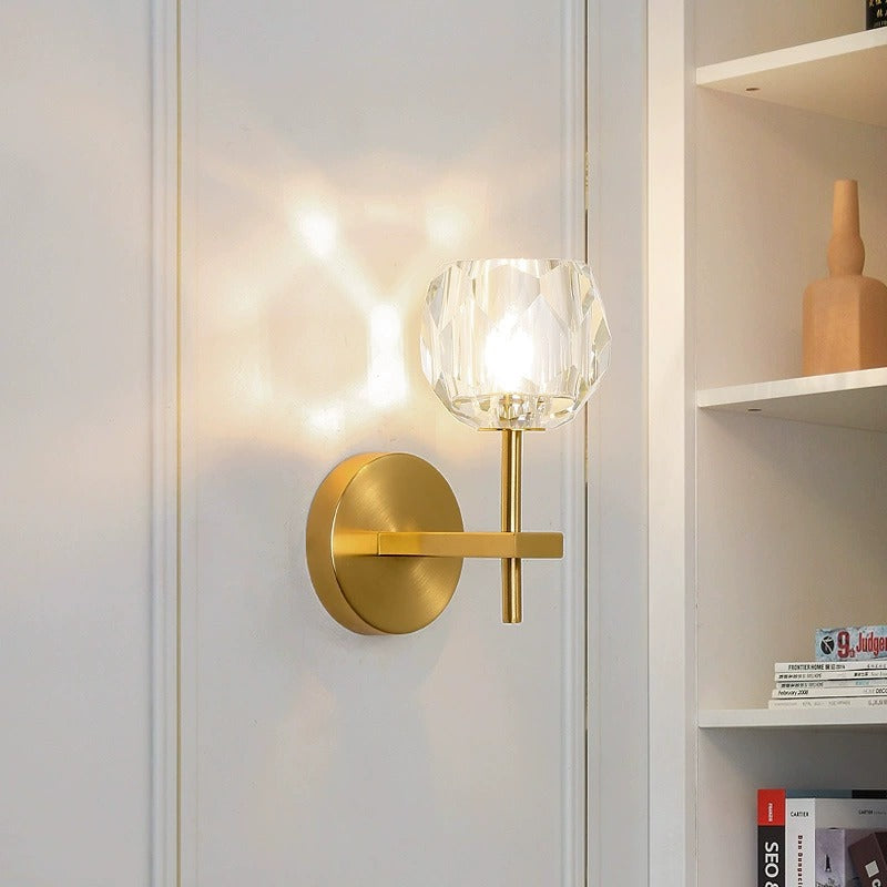 Contemporary Scandinavian Diamond-Shaped Crystal Wall Sconce Lamp With Iron Base 1-Light For Bedroom
