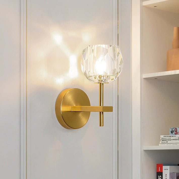 Contemporary Scandinavian Diamond-Shaped Crystal Wall Sconce Lamp With Iron Base 1-Light For Bedroom