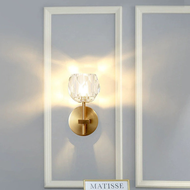Contemporary Scandinavian Diamond-Shaped Crystal Wall Sconce Lamp With Iron Base 1-Light For Bedroom