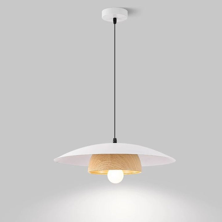 Traditionelle chinesische Holzmaserung Runde Eisen Schirm 1-Licht Pendelleuchte für Wohnzimmer 