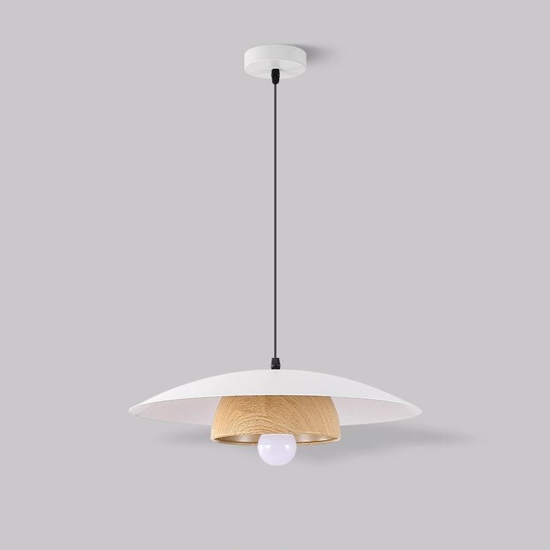 Traditionelle chinesische Holzmaserung Runde Eisen Schirm 1-Licht Pendelleuchte für Wohnzimmer 
