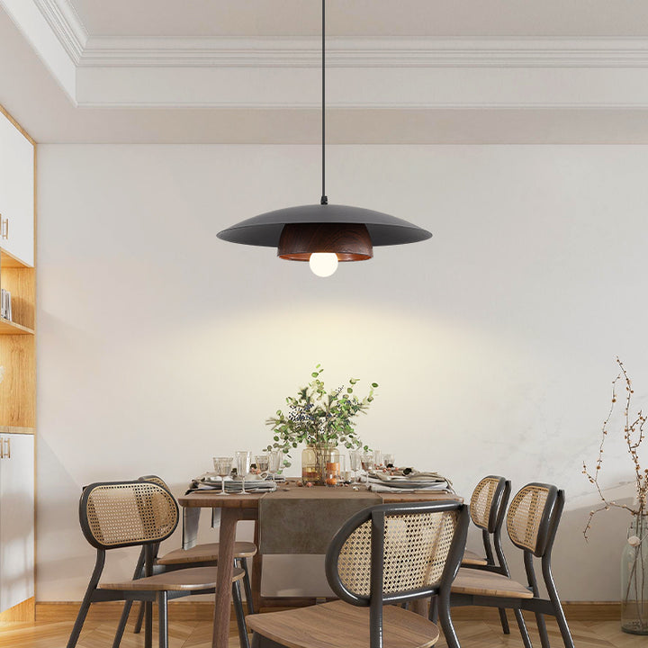 Traditionelle chinesische Holzmaserung Runde Eisen Schirm 1-Licht Pendelleuchte für Wohnzimmer 
