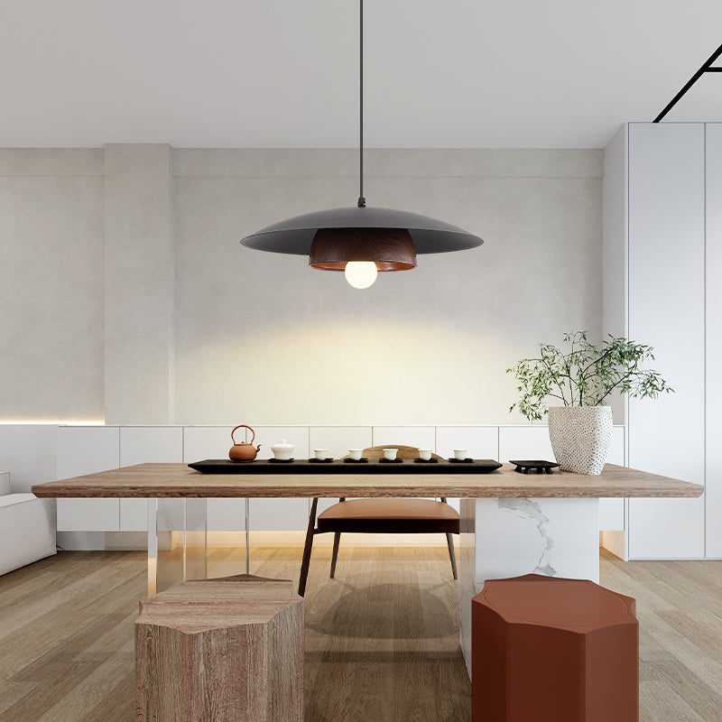Traditionelle chinesische Holzmaserung Runde Eisen Schirm 1-Licht Pendelleuchte für Wohnzimmer 