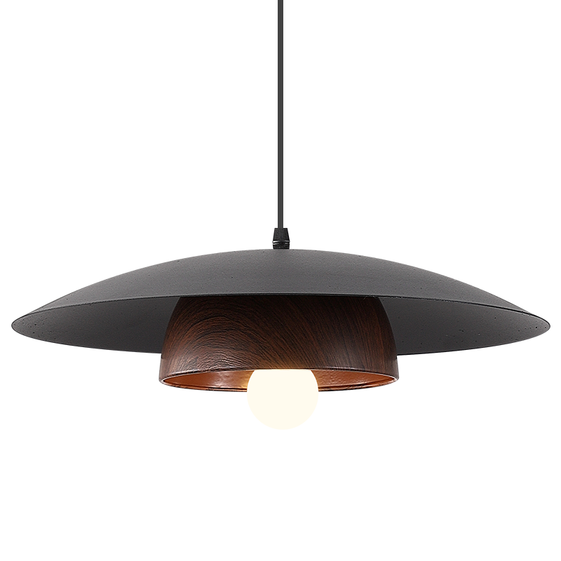 Traditionelle chinesische Holzmaserung Runde Eisen Schirm 1-Licht Pendelleuchte für Wohnzimmer 