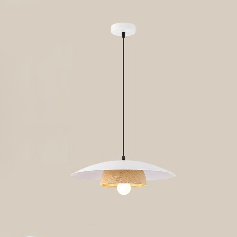 Traditionelle chinesische Holzmaserung Runde Eisen Schirm 1-Licht Pendelleuchte für Wohnzimmer 