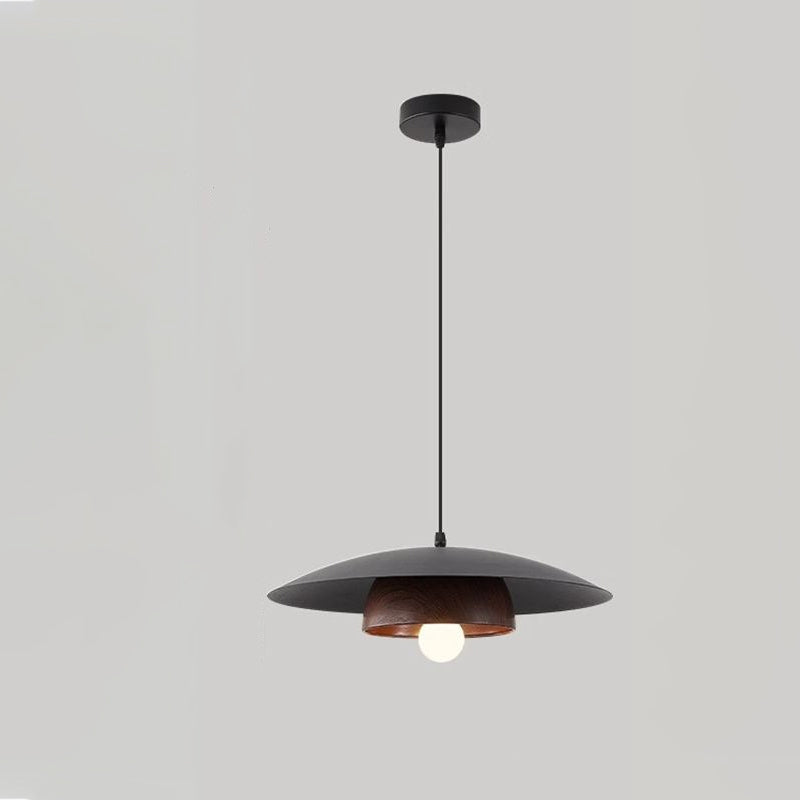 Traditionelle chinesische Holzmaserung Runde Eisen Schirm 1-Licht Pendelleuchte für Wohnzimmer 