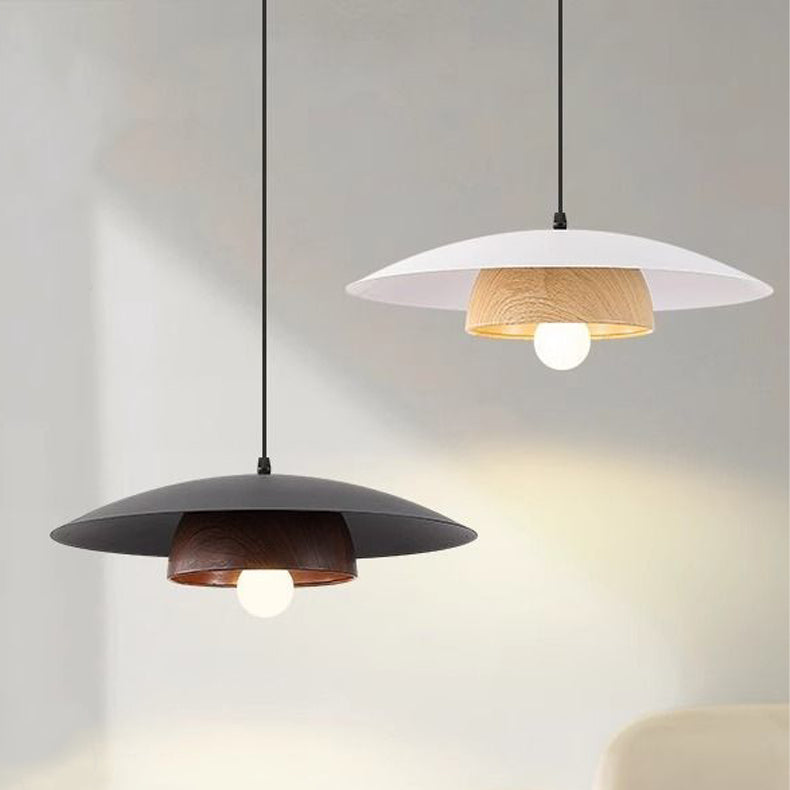 Traditionelle chinesische Holzmaserung Runde Eisen Schirm 1-Licht Pendelleuchte für Wohnzimmer 