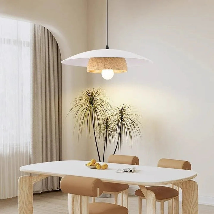 Traditionelle chinesische Holzmaserung Runde Eisen Schirm 1-Licht Pendelleuchte für Wohnzimmer 