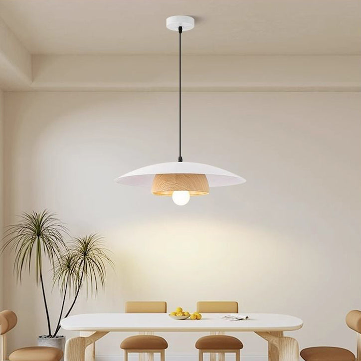 Traditionelle chinesische Holzmaserung Runde Eisen Schirm 1-Licht Pendelleuchte für Wohnzimmer 