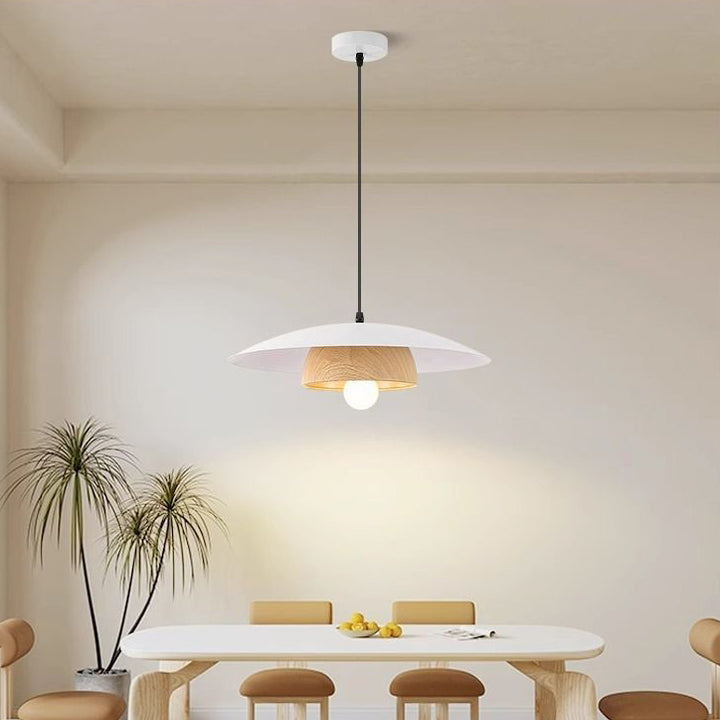 Traditionelle chinesische Holzmaserung Runde Eisen Schirm 1-Licht Pendelleuchte für Wohnzimmer 