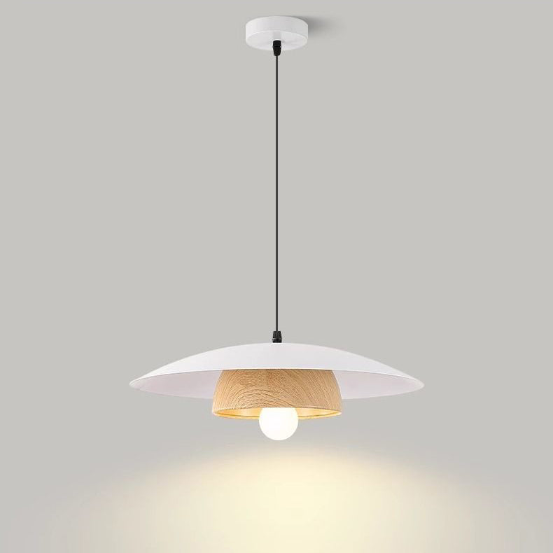 Traditionelle chinesische Holzmaserung Runde Eisen Schirm 1-Licht Pendelleuchte für Wohnzimmer 