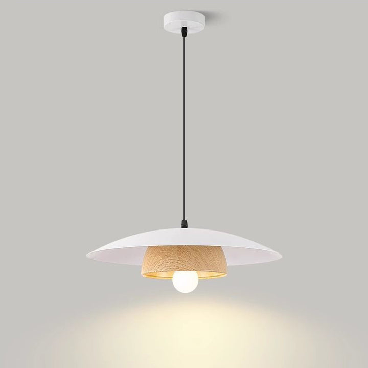 Traditionelle chinesische Holzmaserung Runde Eisen Schirm 1-Licht Pendelleuchte für Wohnzimmer 