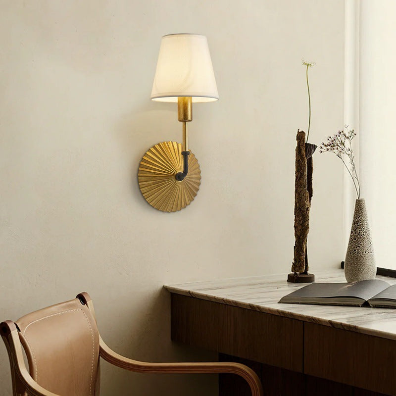 Traditional Rustic Tapered Fabric Shade Wall Sconce Lamp With Metal Base 1-Light For Bedroom