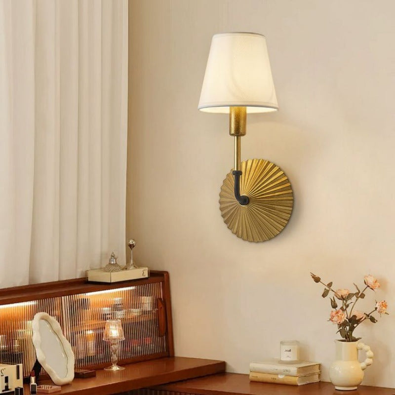 Traditional Rustic Tapered Fabric Shade Wall Sconce Lamp With Metal Base 1-Light For Bedroom