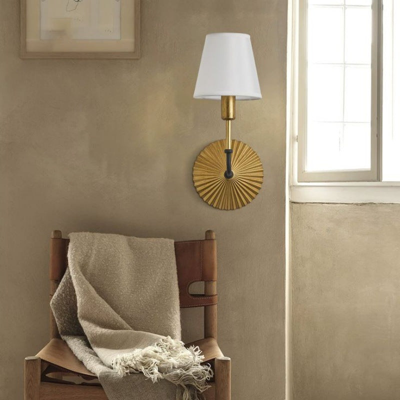 Traditional Rustic Tapered Fabric Shade Wall Sconce Lamp With Metal Base 1-Light For Bedroom
