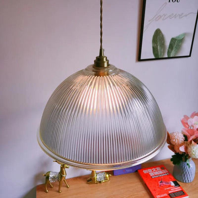 Striped Glass Pendant Light in Industrial Contemporary Style with Dome Shade, Modern Hanging Ceiling Light Fixture for Kitchen or Dining Room