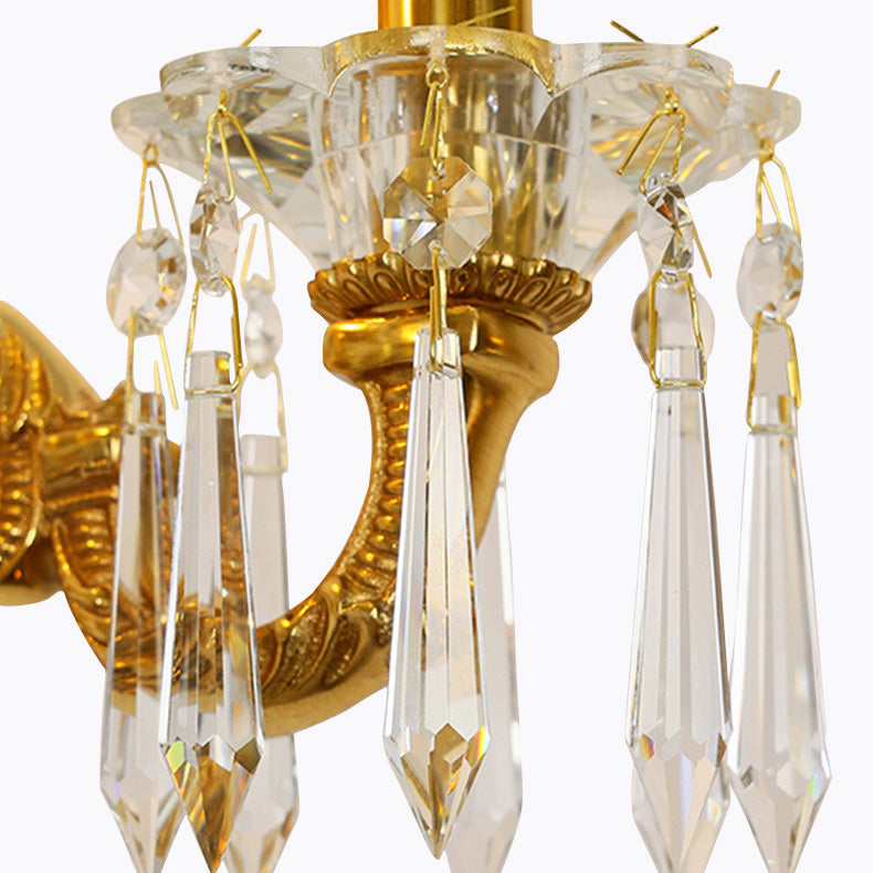 Traditional French Candle-Shaped Full Brass Crystal 2-Light Wall Sconce Lamp For Living Room