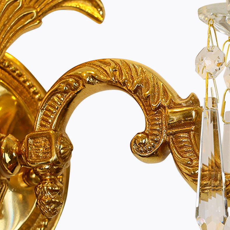 Traditional French Candle-Shaped Full Brass Crystal 2-Light Wall Sconce Lamp For Living Room
