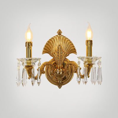 Traditional French Candle-Shaped Full Brass Crystal 2-Light Wall Sconce Lamp For Living Room