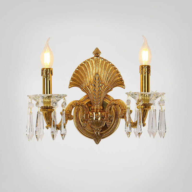 Traditional French Candle-Shaped Full Brass Crystal 2-Light Wall Sconce Lamp For Living Room