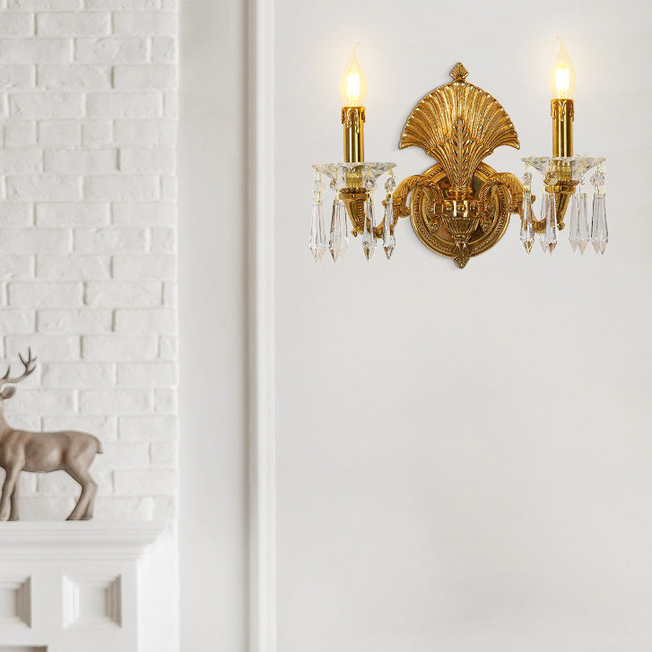 Traditional French Candle-Shaped Full Brass Crystal 2-Light Wall Sconce Lamp For Living Room