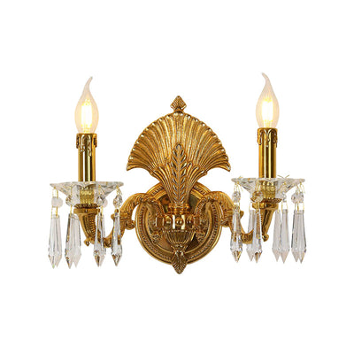 Traditional French Candle-Shaped Full Brass Crystal 2-Light Wall Sconce Lamp For Living Room