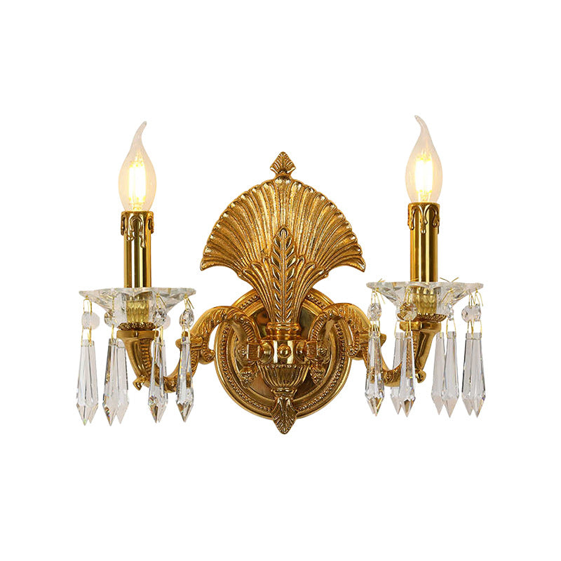Traditional French Candle-Shaped Full Brass Crystal 2-Light Wall Sconce Lamp For Living Room