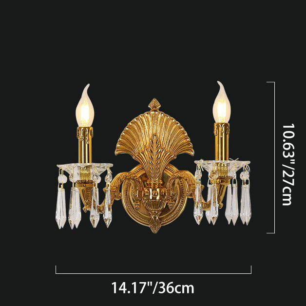 Traditional French Candle-Shaped Full Brass Crystal 2-Light Wall Sconce Lamp For Living Room