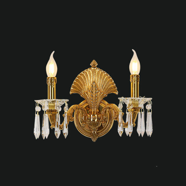 Traditional French Candle-Shaped Full Brass Crystal 2-Light Wall Sconce Lamp For Living Room