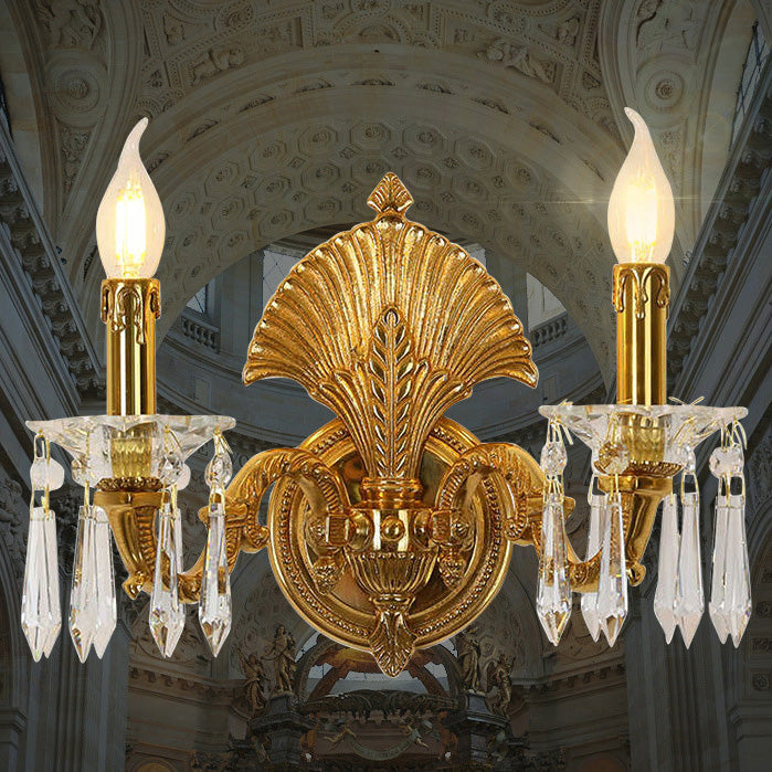 Traditional French Candle-Shaped Full Brass Crystal 2-Light Wall Sconce Lamp For Living Room