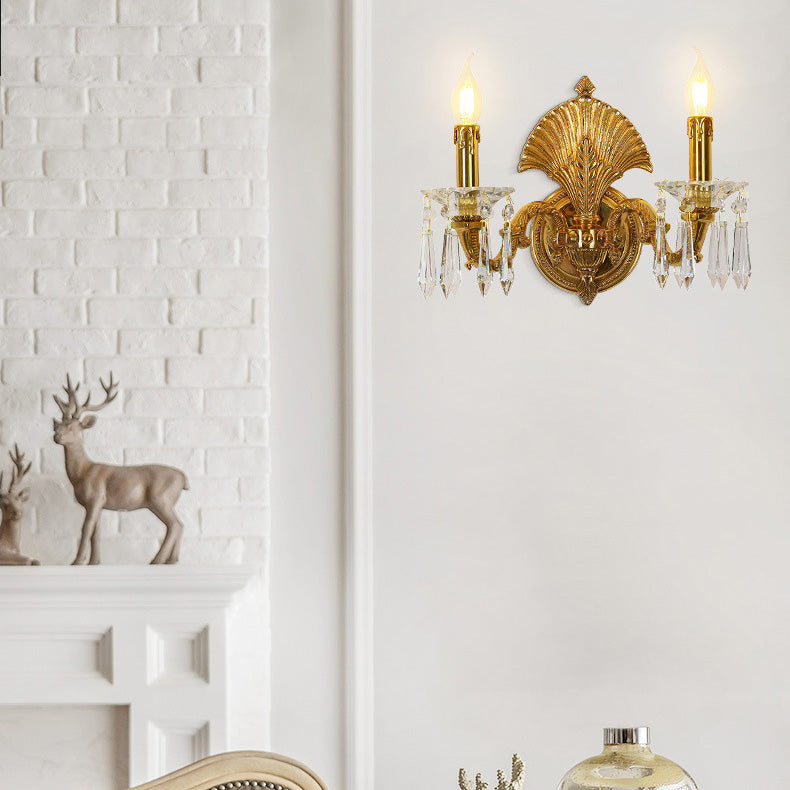 Traditionelle französische Kerzenförmige Vollmessing Kristall 2-Licht Wandleuchte Für Wohnzimmer 